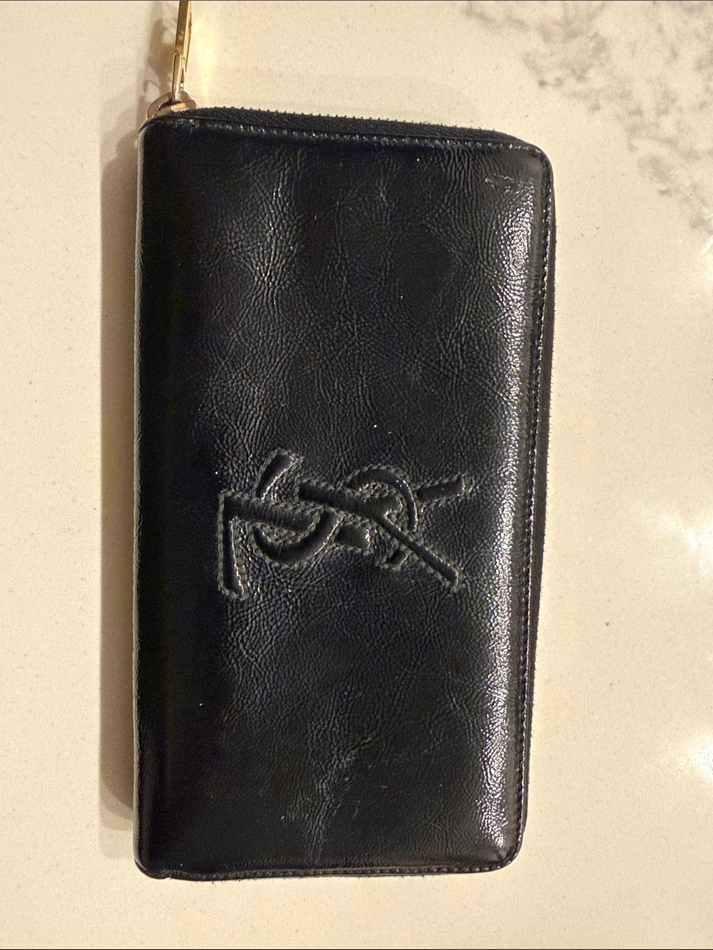 Black Leather Zip Wallet with Embossed Logo